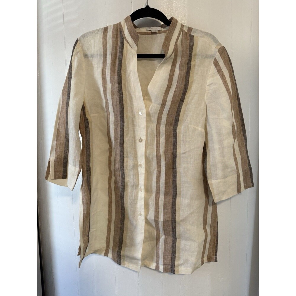 Peter Hahn Size 12 Linen Blouse Tunic Tan Beige Striped 3/4 Sleeve Side Slit